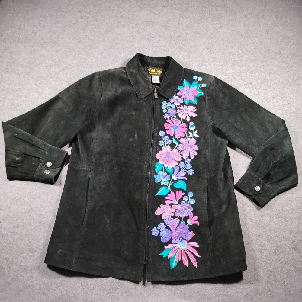 Bob Mackie Wearable Art Women's Black Embroidered Floral Suede Jacket Size M
